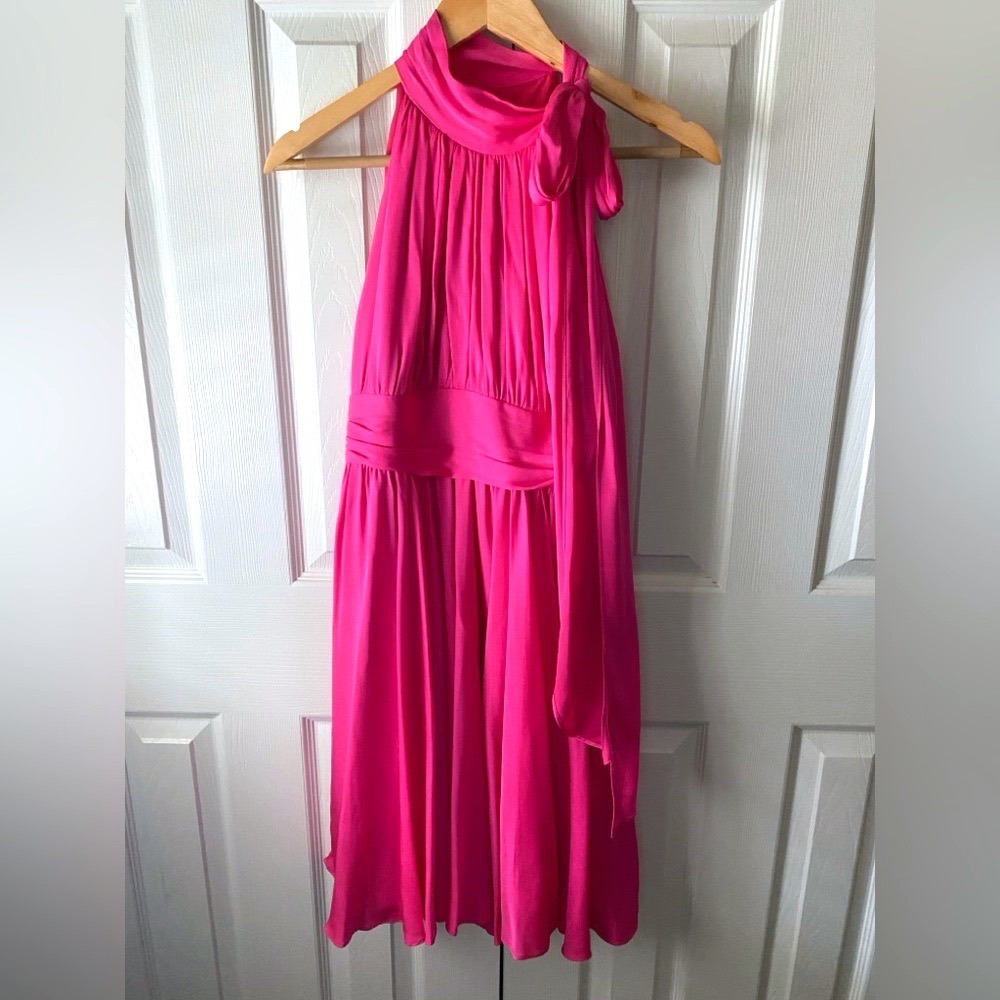 MILLY Hot Pink Stretch‎ Silk Crepe Pleated Tie Halter Neck Midi Cocktail Dress 2
